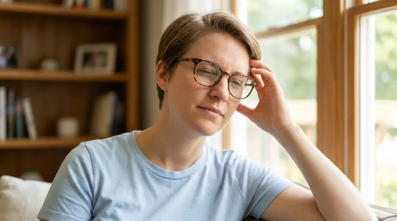 Une personne porte des lunettes et se tient la tête avec un air contrarié, assise près d'une fenêtre.