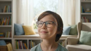 Un jeune garçon porte des lunettes avec un halo lumineux, symbolisant une solution optique pour freiner la myopie.