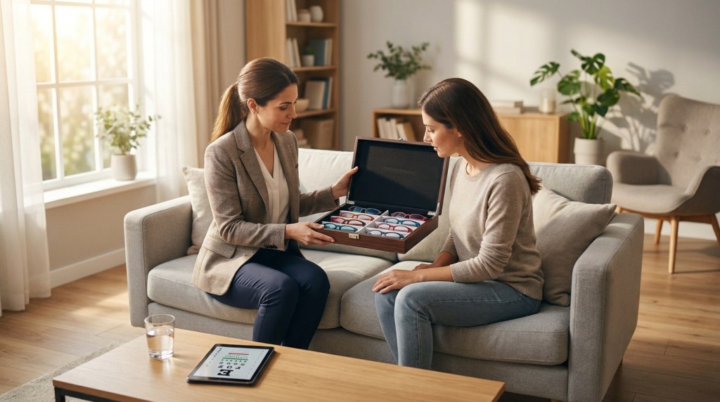 Une opticienne présente une sélection de lunettes dans un coffret à une cliente assise sur son canapé.