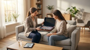 Une opticienne présente une sélection de lunettes dans un coffret à une cliente assise sur son canapé.