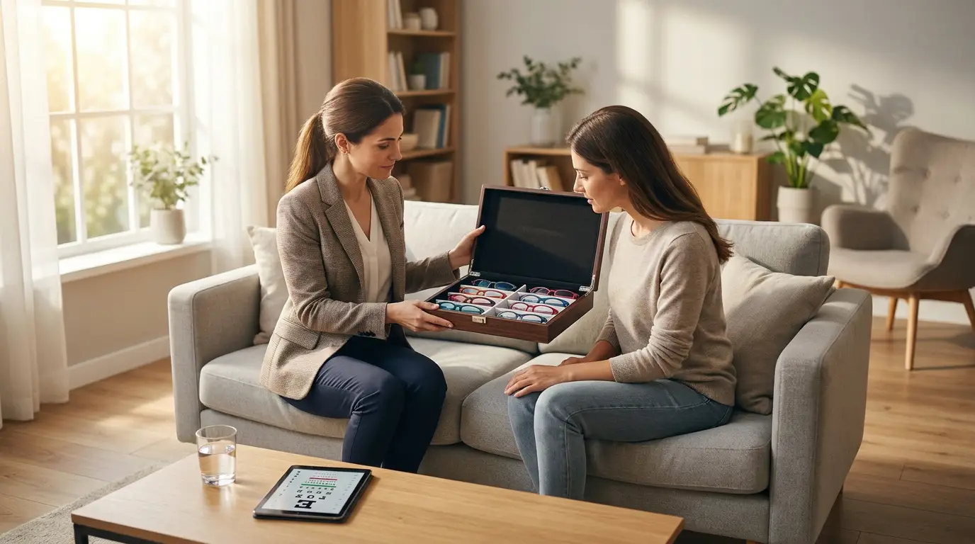 Une opticienne présente une sélection de lunettes dans un coffret à une cliente assise sur son canapé.