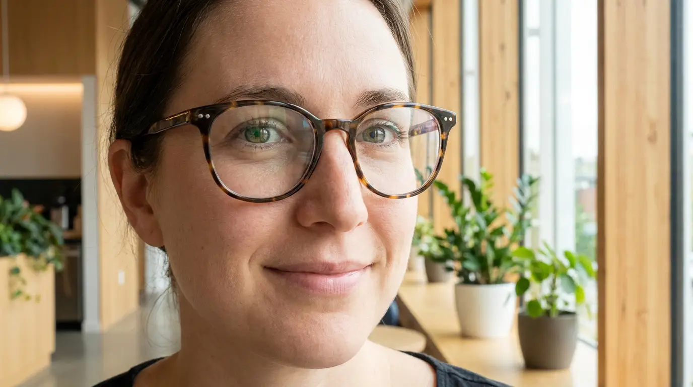 Femme souriante portant des lunettes à monture écailles dans un intérieur lumineux et végétalisé.