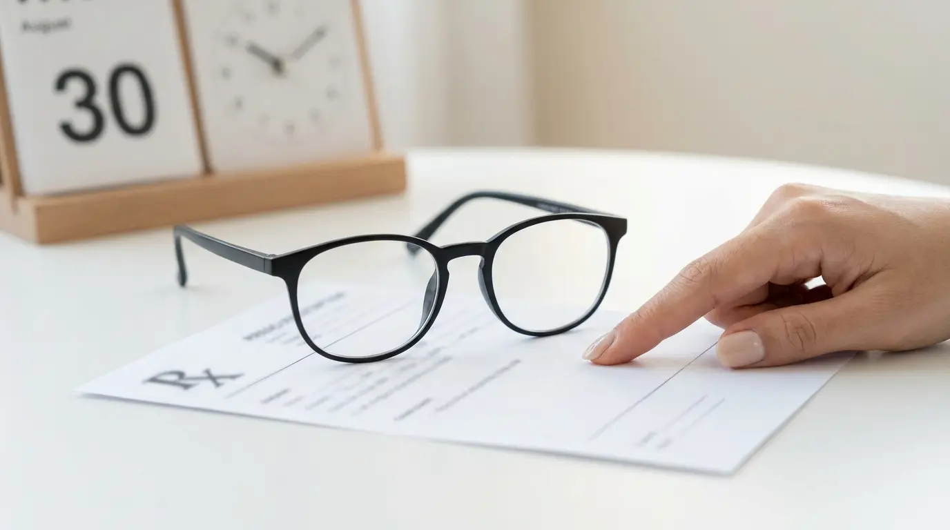 Une main pointe une ordonnance médicale avec des lunettes posées dessus près d'un calendrier et d'une horloge.