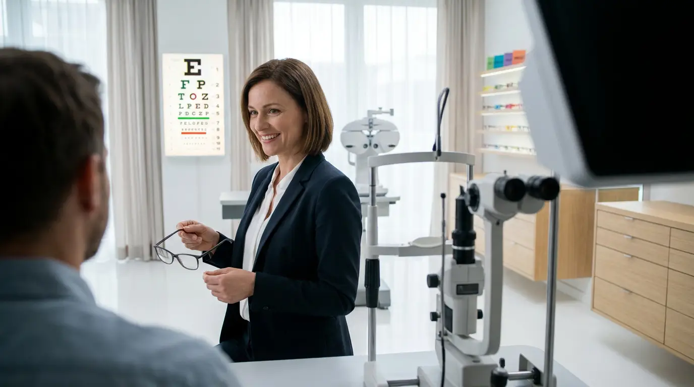 Une opticienne souriante tenant des lunettes face à un patient dans un cabinet d'optique équipé.