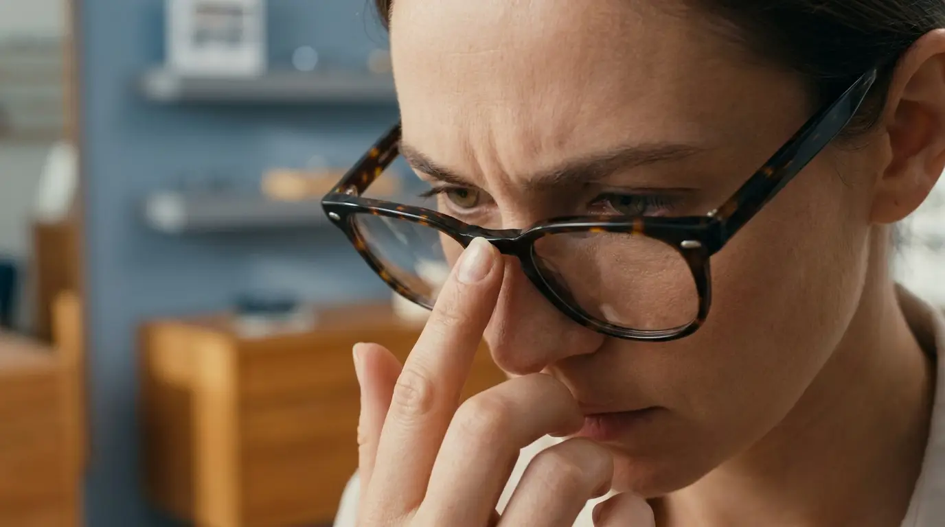 Une femme remonte ses lunettes en écaille de tortue qui glissent sur son nez avec son index.