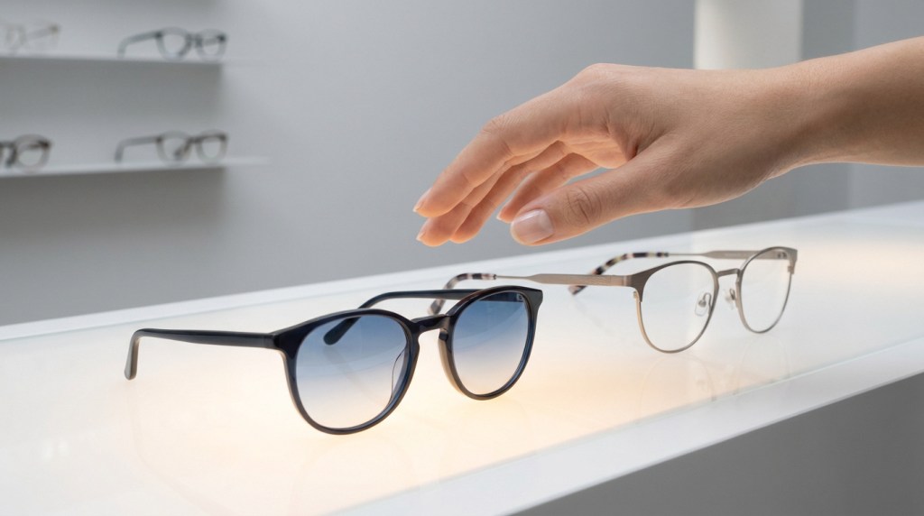 Une main choisit entre deux paires de lunettes posées sur un présentoir lumineux dans une boutique d'optique.