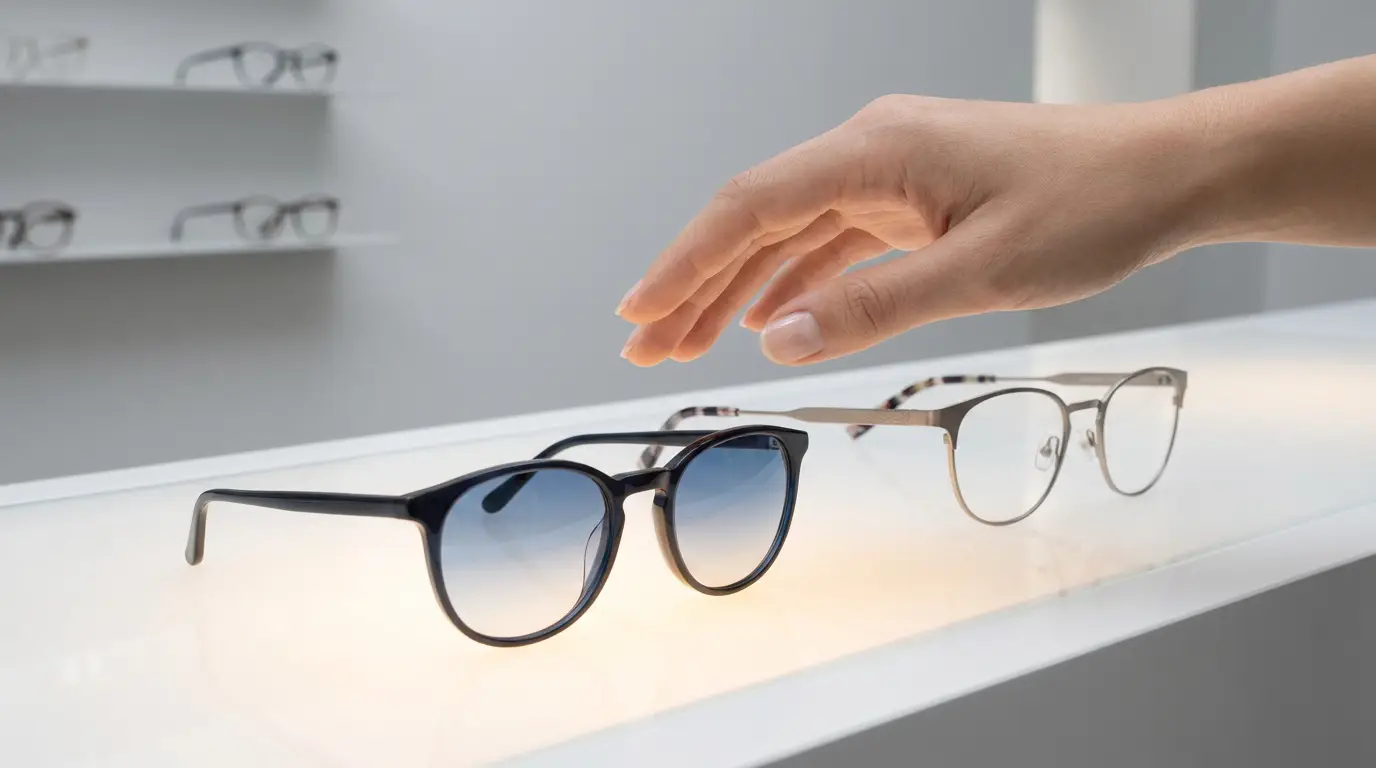 Une main choisit entre deux paires de lunettes posées sur un présentoir lumineux dans une boutique d'optique.
