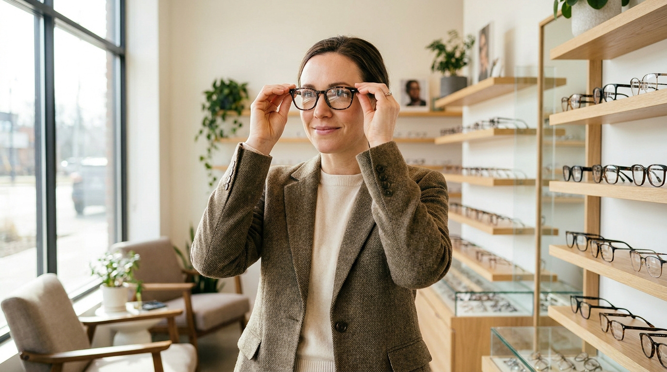 Une femme souriante essayant des lunettes à monture écaille dans un magasin d'optique moderne et lumineux.