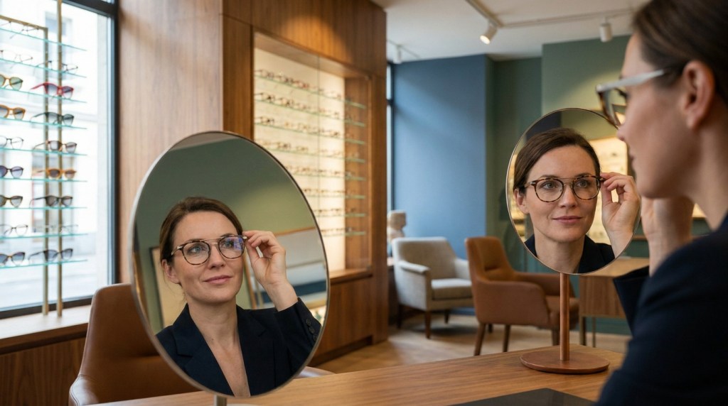 Une femme essayant des lunettes devant un miroir dans un magasin d'optique élégant.