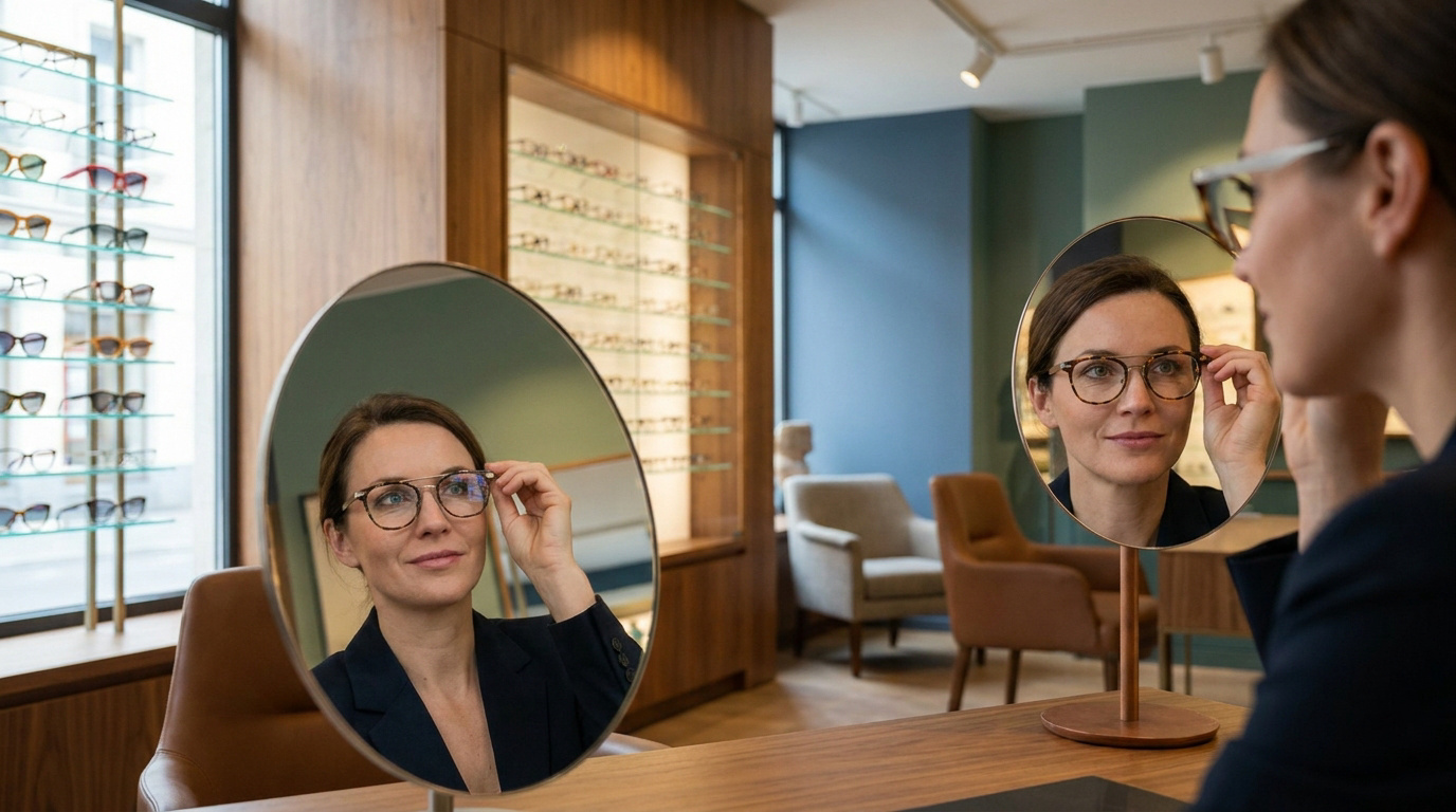 Une femme essayant des lunettes devant un miroir dans un magasin d'optique élégant.