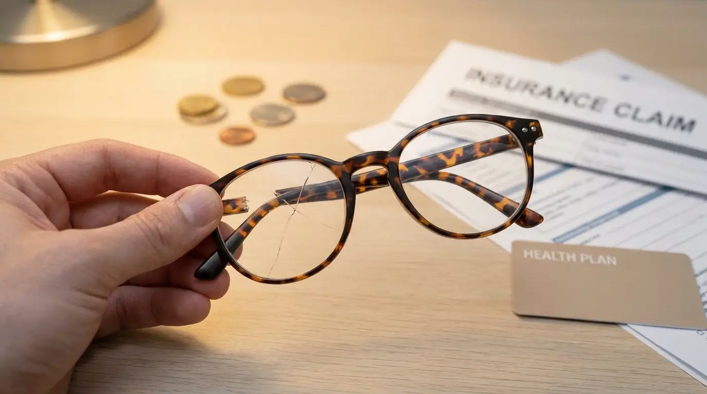 Une main tenant des lunettes à monture écaille avec un verre brisé devant un formulaire de réclamation d'assurance.