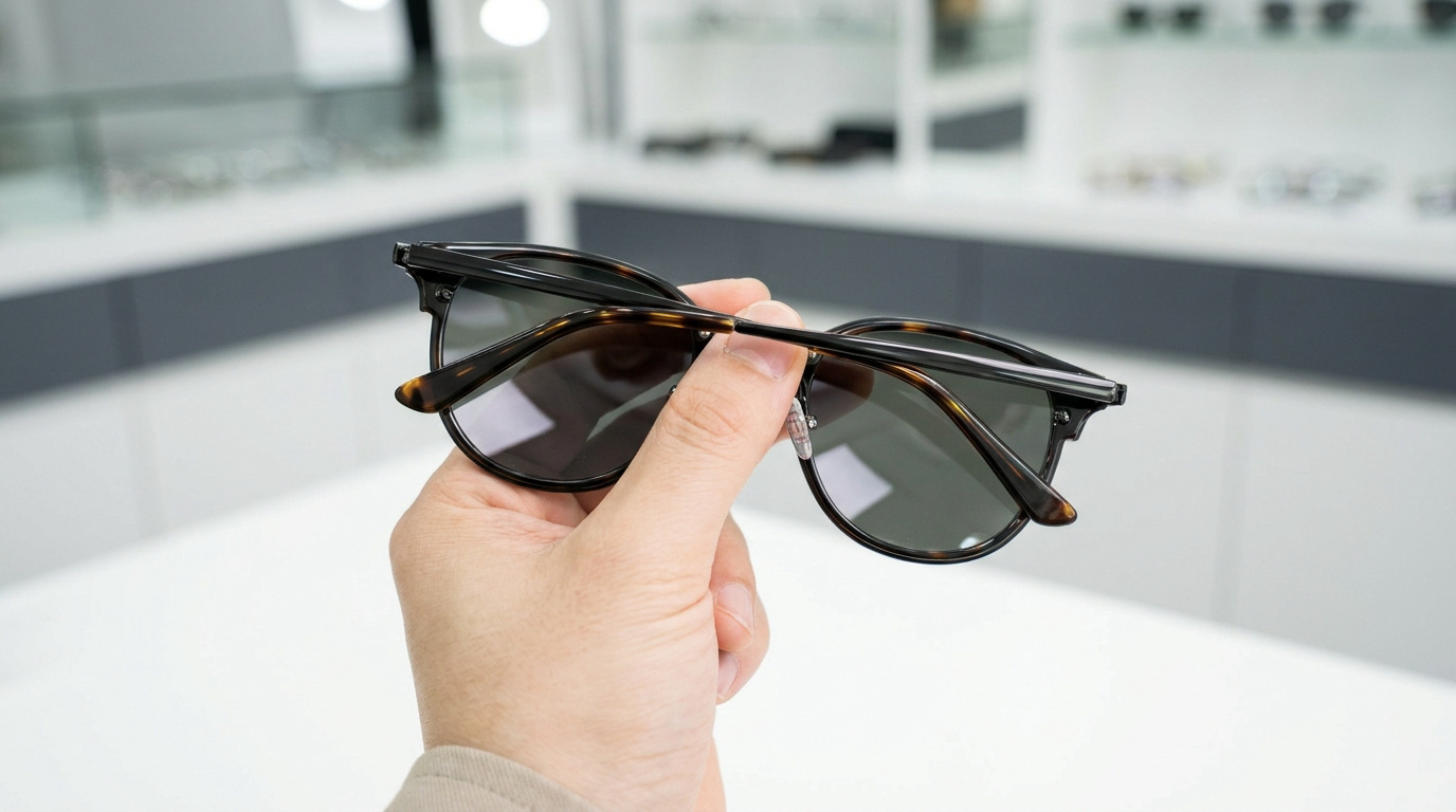 Main tenant des lunettes de soleil écaille dans un magasin d'optique.