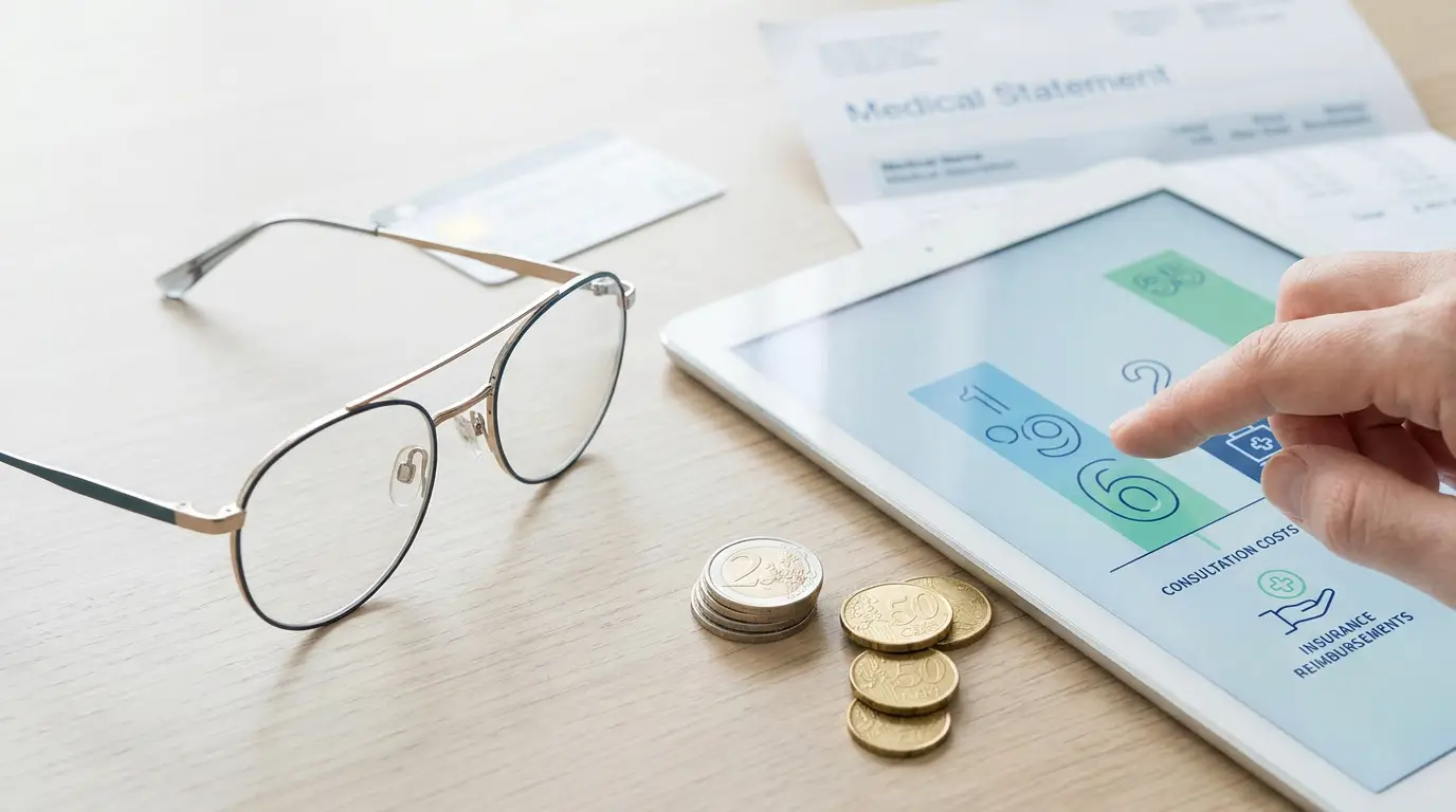 Main utilisant une tablette pour consulter des coûts de consultation médicale et des remboursements d'assurance.