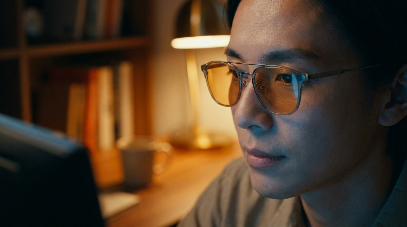 Portrait rapproché d'une personne portant des lunettes à verres teintés devant un écran d'ordinateur le soir.