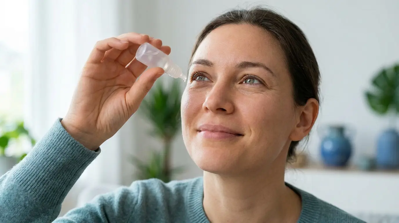 Une femme utilisant des gouttes oculaires pour soulager ses yeux secs à la maison.