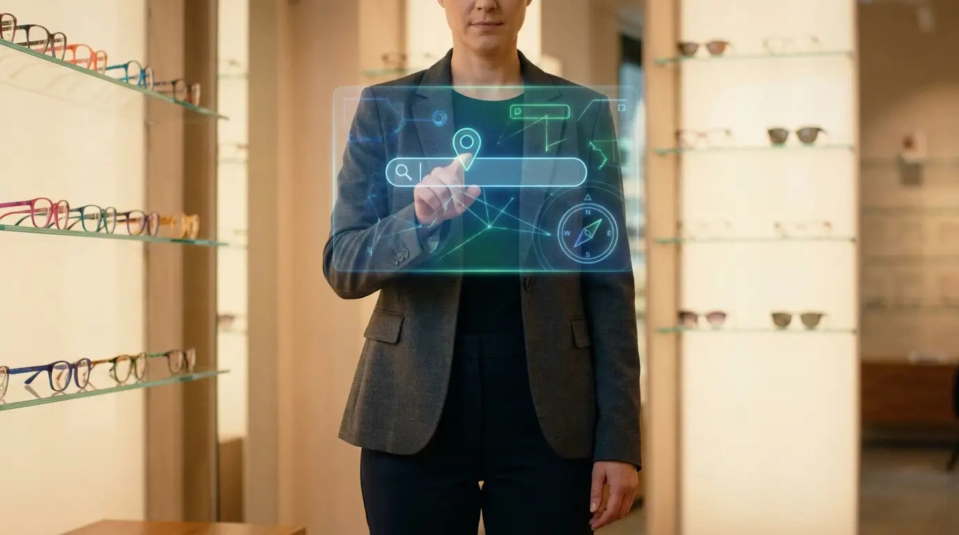 Opticienne utilisant une interface numérique holographique pour rechercher un emplacement sur une carte.